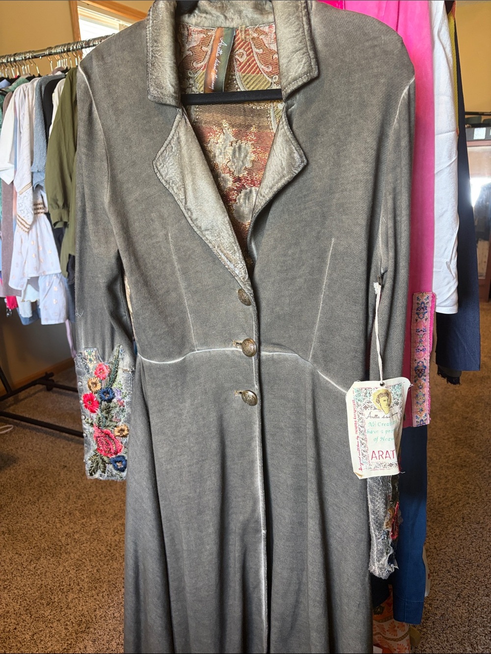 Vintage-Inspired Gray Embroidered Long Coat - Women's